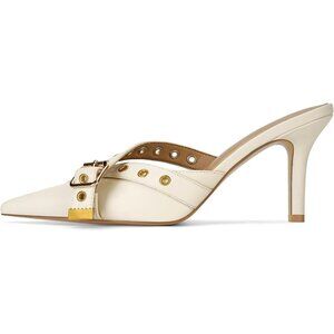 Women's White Pointed Closed Toe Dressy Bow Heel Vintage Heeled Mules Slip on